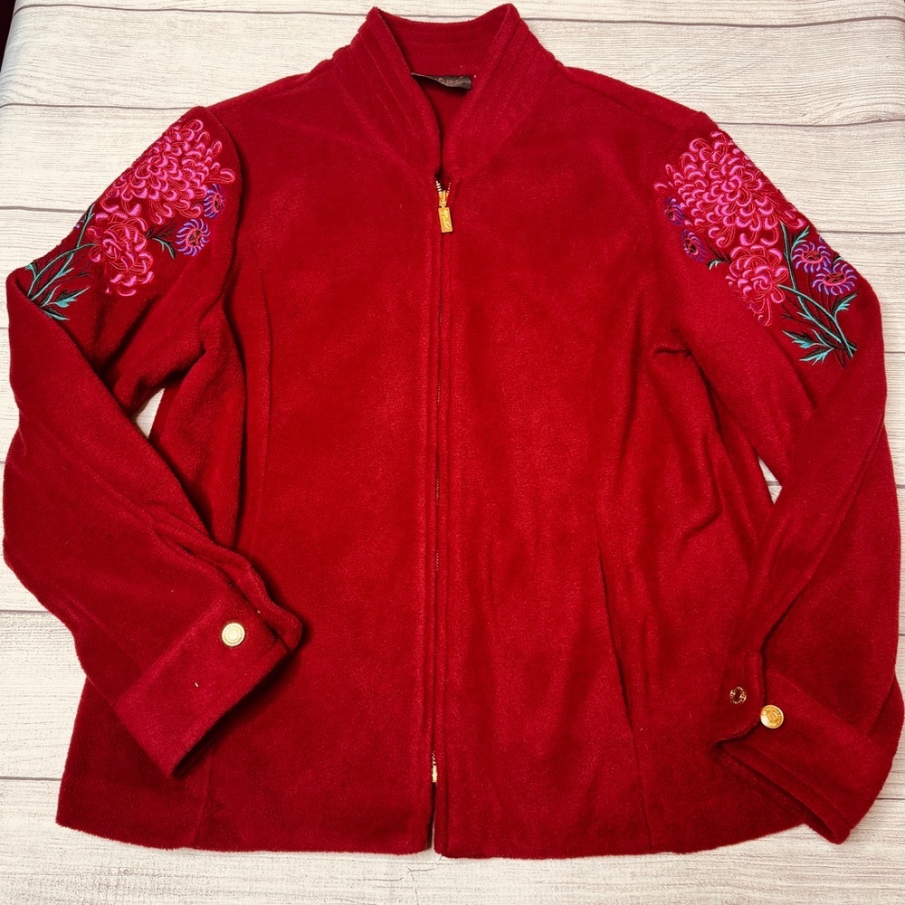 Bob Mackie Womens Jacket Size Large‎ Deep Red Fleece Floral Embroidered